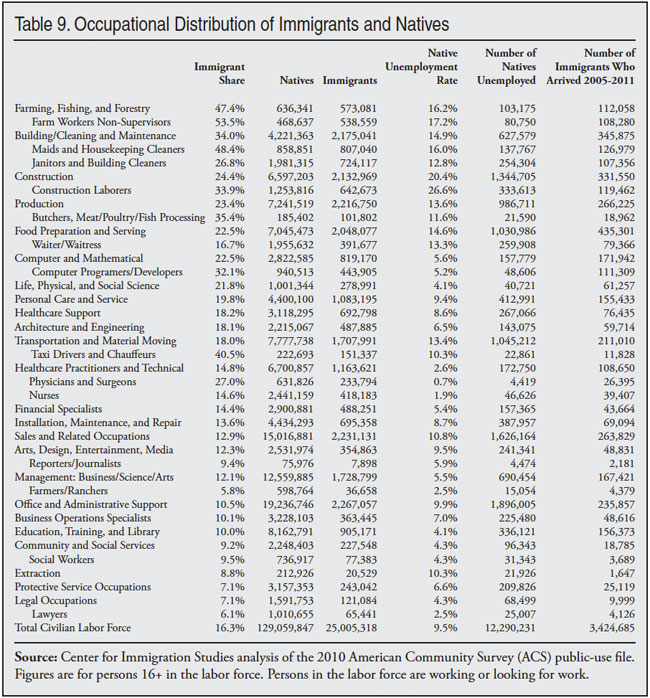 Table: Occupational Distribution of Immigrants and Natives