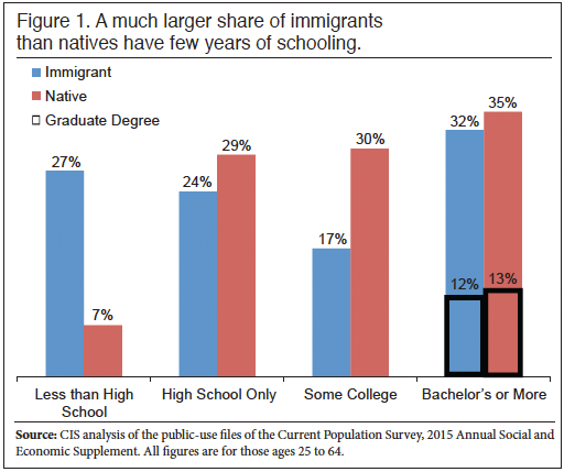 Graph: A much larger share of immigrants than natives have a few years of schooling
