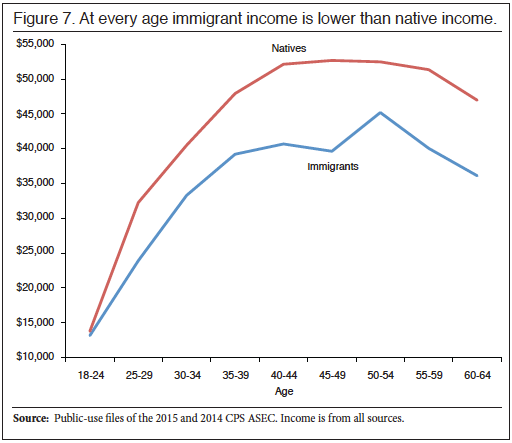 Graph: Native and Immigrant Income by Age