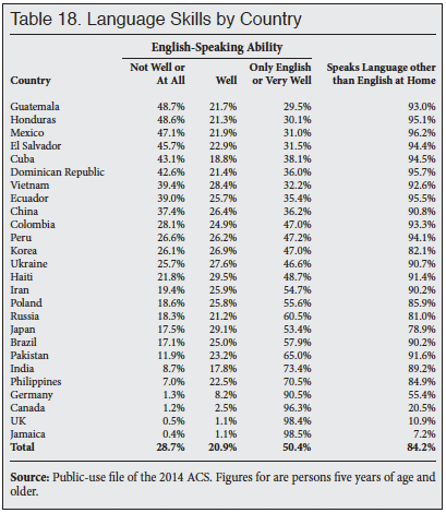 Table: Language Skills by Immigrant Sending Country