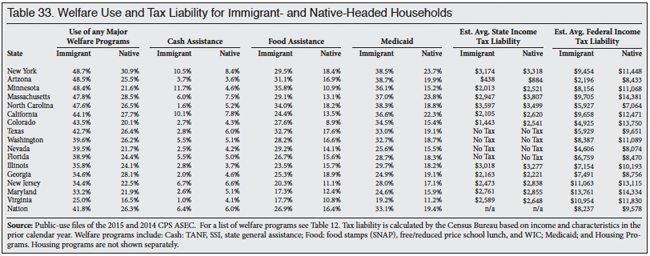 Table: Welfare Use and Tax Liability for Immigrant and Native Headed Households