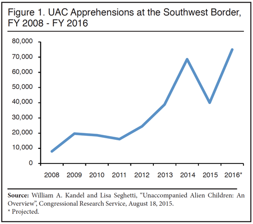 Graph: UAC Apprehensions at the Southwest Border, FY2008 to FY2016