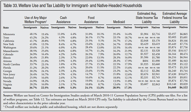 Table: Welfare Use and Tax Liability for Immigrant and Native Households