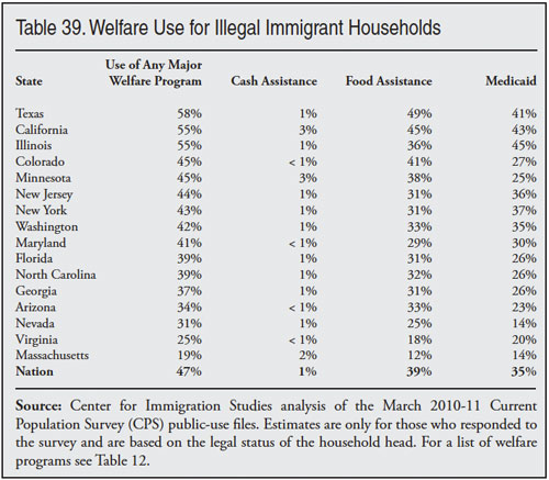 Table: Welfare Use for Illegal Immigrant Households