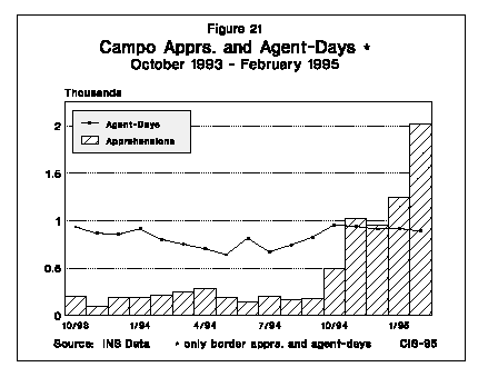 Graph: Campo Apprehensions and Agent=Days, October 1993 to February 1996