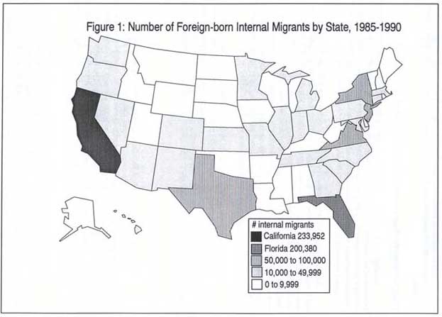 Map: Number of Foreign-born Internal Migrants by State, 1985 to 1990