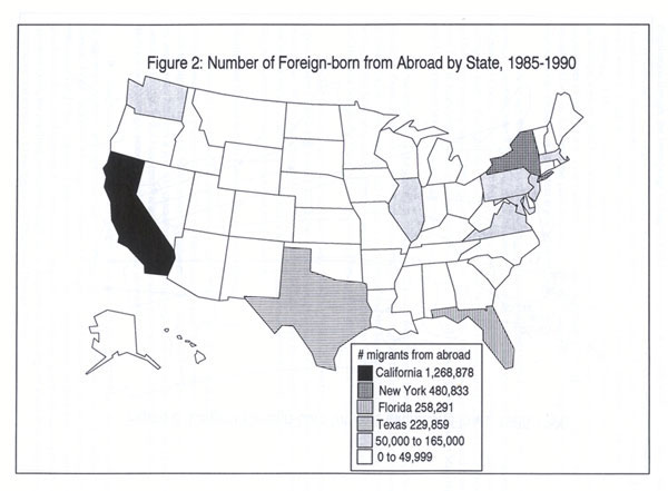 Map: Number of Foreign-born from Abroad by State, 1985 to 1990