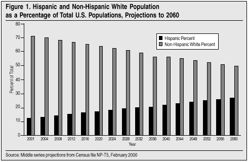 Graph: Hispanic and Non-Hispanic White Population as a Percentage of Total US Population; Projection to 2060