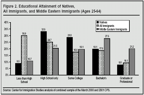 Graph: Educational Attainment of Natives, All Immigrants, and Middle Eastern Immigrants