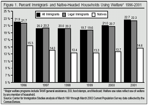 Graph: Percent Immigrant and Native Headed Households Using Welfare, 1996 - 2001