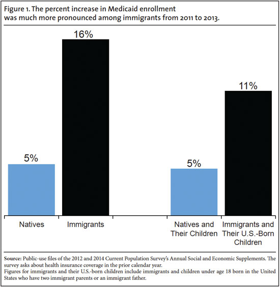 Graph: Percent increase in medicaid enrollment of immigrants and natives, 2011 to 2013