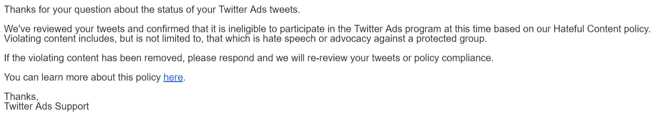 Twitter Reply to Banning Ads for "Hateful Content"