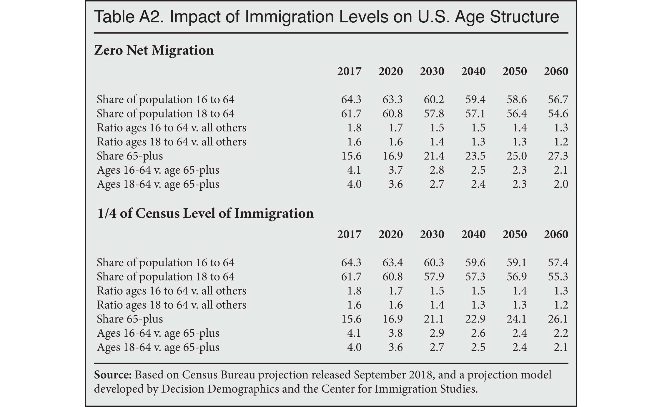 Table: Impact of Immigration Levels in US Age Structure