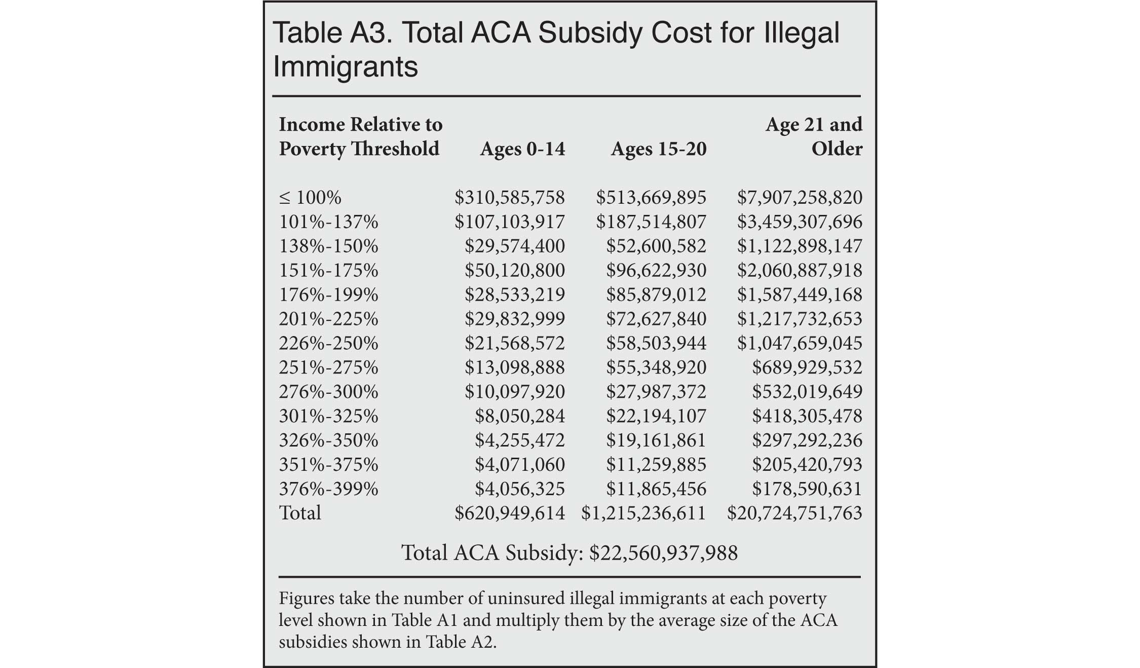 Table: Total Subsidy Cost for Illegal Immigrants