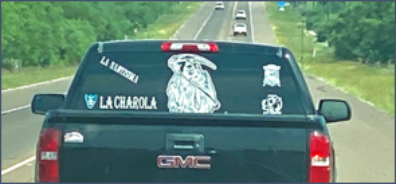 Santa Muerta sticker on a pickup
