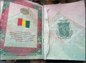 A Republic of Guinea passport defaced and discarded on the Mexican side of the Rio Grande as found by the author in March 2021
