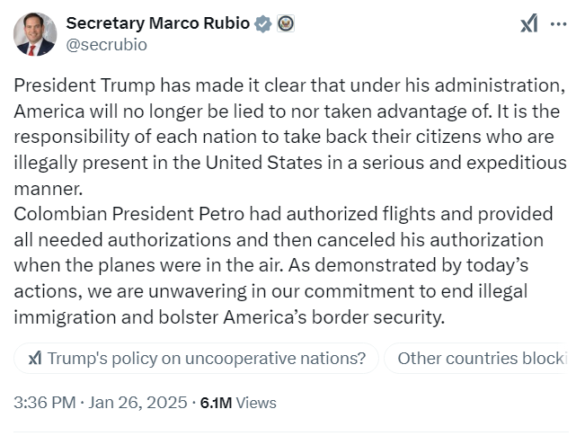 Rubio Colombia tweet